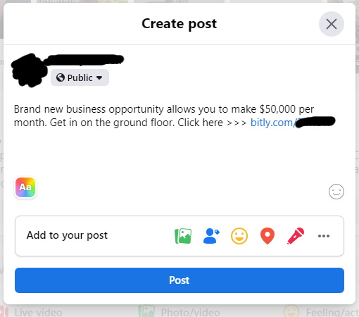 example of spammy mlm facebook post