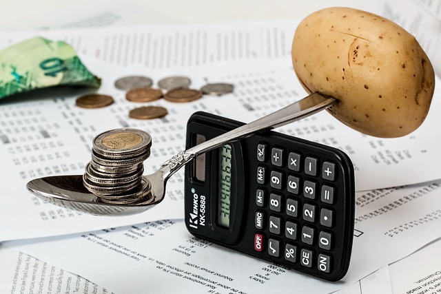 picture of calculator, potato and change balancing on spoon