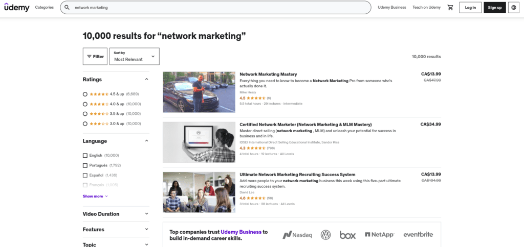 screenshot of network marketing search on udemy